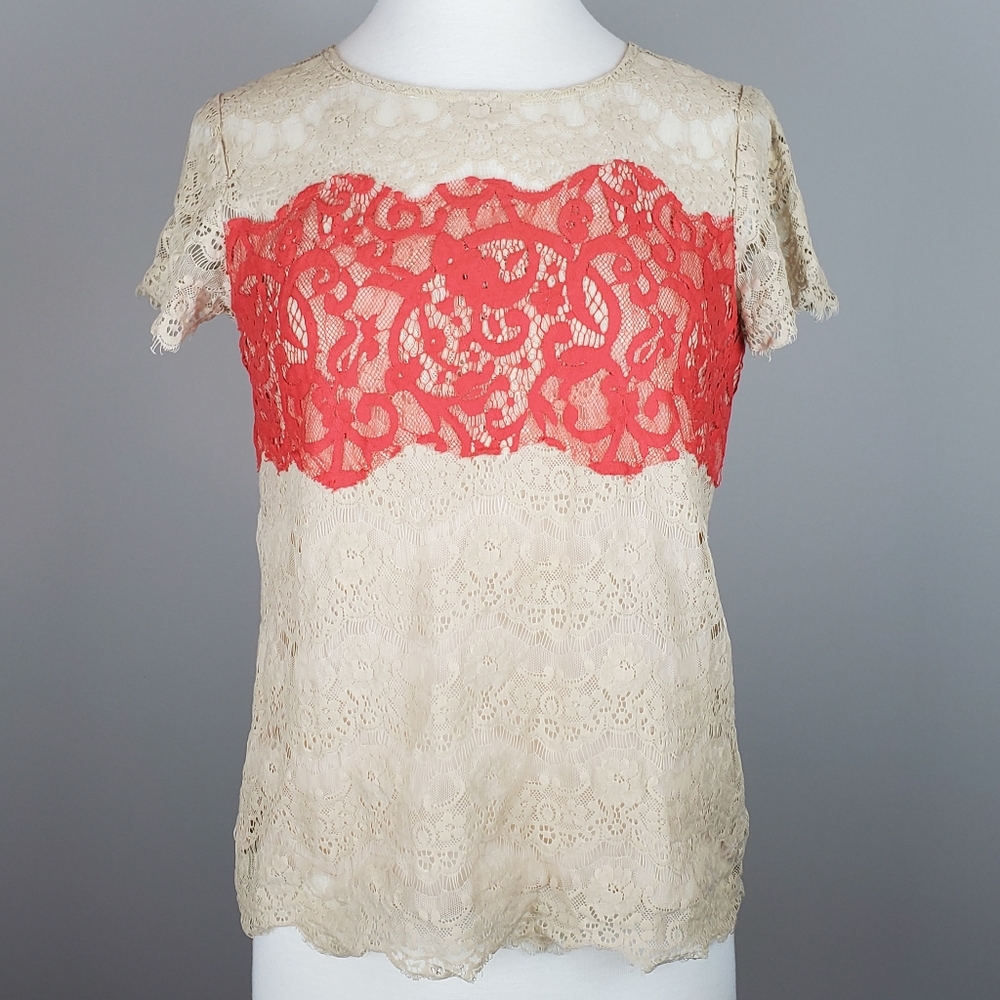 Porcelain Beige & Coral Lace Top
